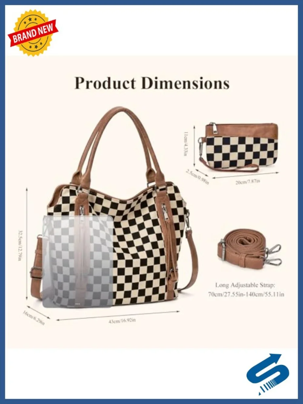 Women's Large Checkered Tote Bag Hobo Shoulder Handbag PU Leather Canvas